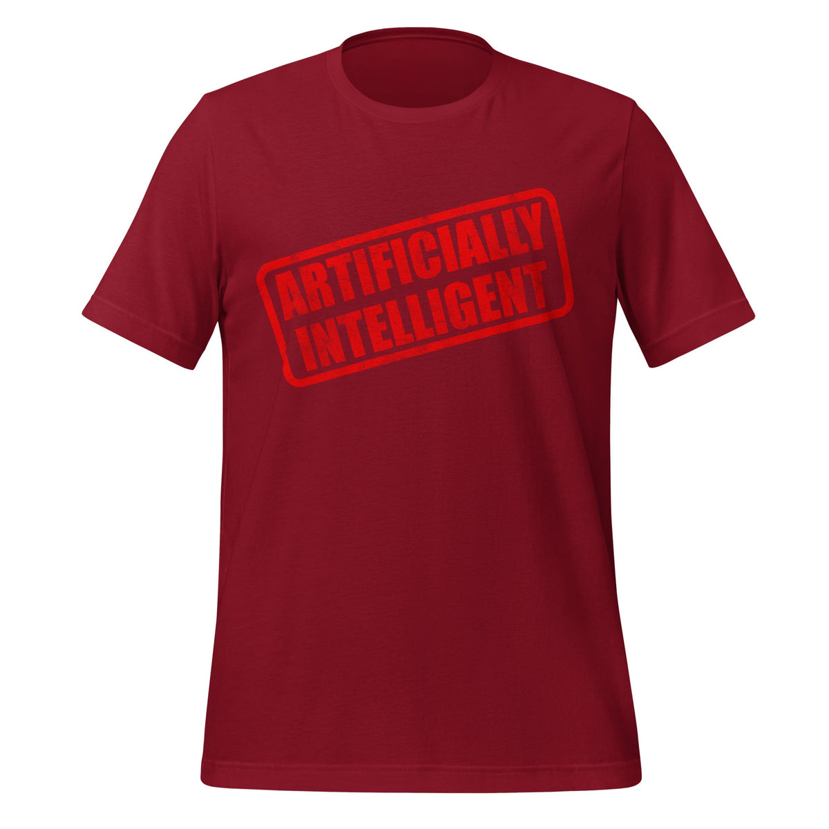 Product mockup photo of the Artificially Intelligent Stamp T Shirt (unisex) Cardinal / M.