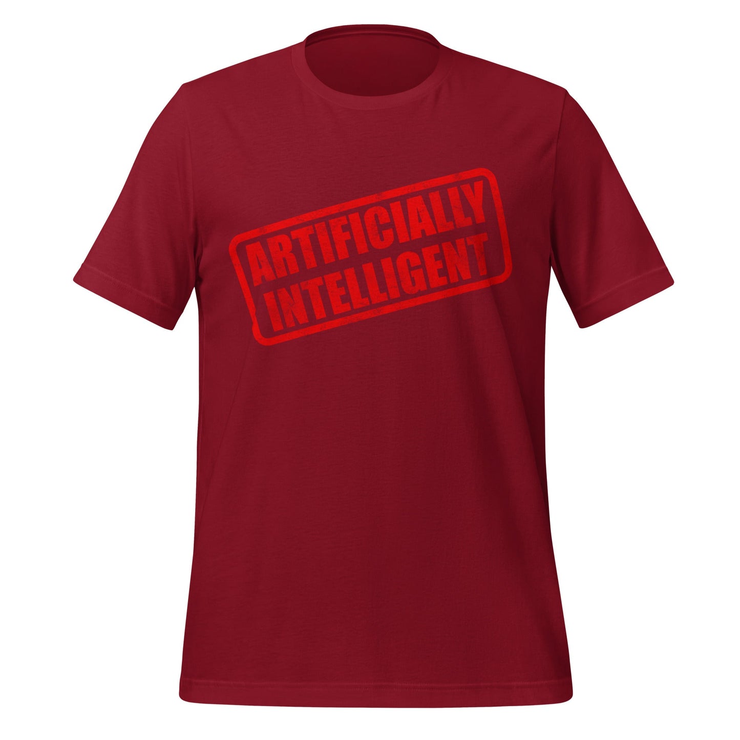 Product mockup photo of the Artificially Intelligent Stamp T Shirt (unisex) Cardinal / M.