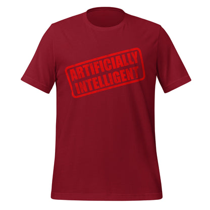 Product mockup photo of the Artificially Intelligent Stamp T Shirt (unisex) Cardinal / M.