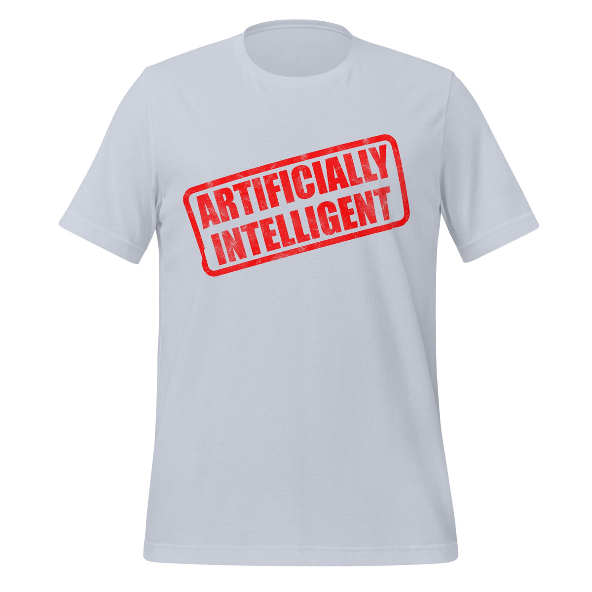 Product mockup photo of the Artificially Intelligent Stamp T Shirt (unisex) Light Blue / M.