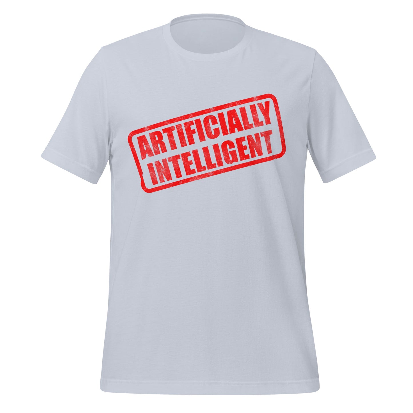 Product mockup photo of the Artificially Intelligent Stamp T Shirt (unisex) Light Blue / M.
