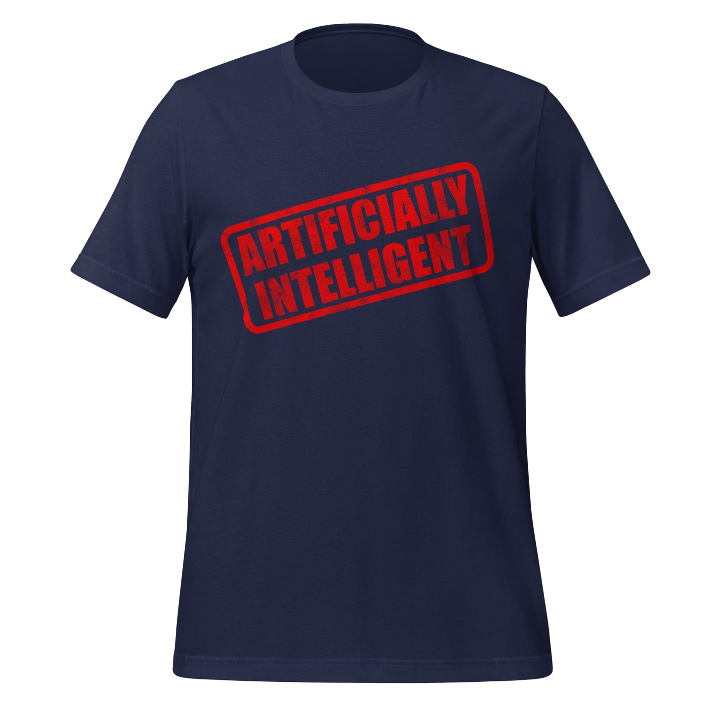 Product mockup photo of the Artificially Intelligent Stamp T Shirt (unisex) Navy / M.