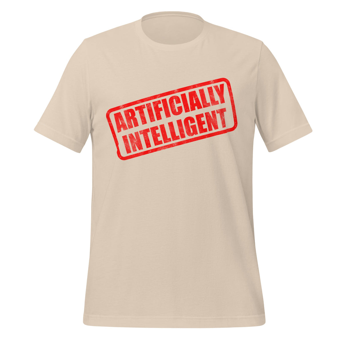 Product mockup photo of the Artificially Intelligent Stamp T Shirt (unisex) Soft Cream / M.