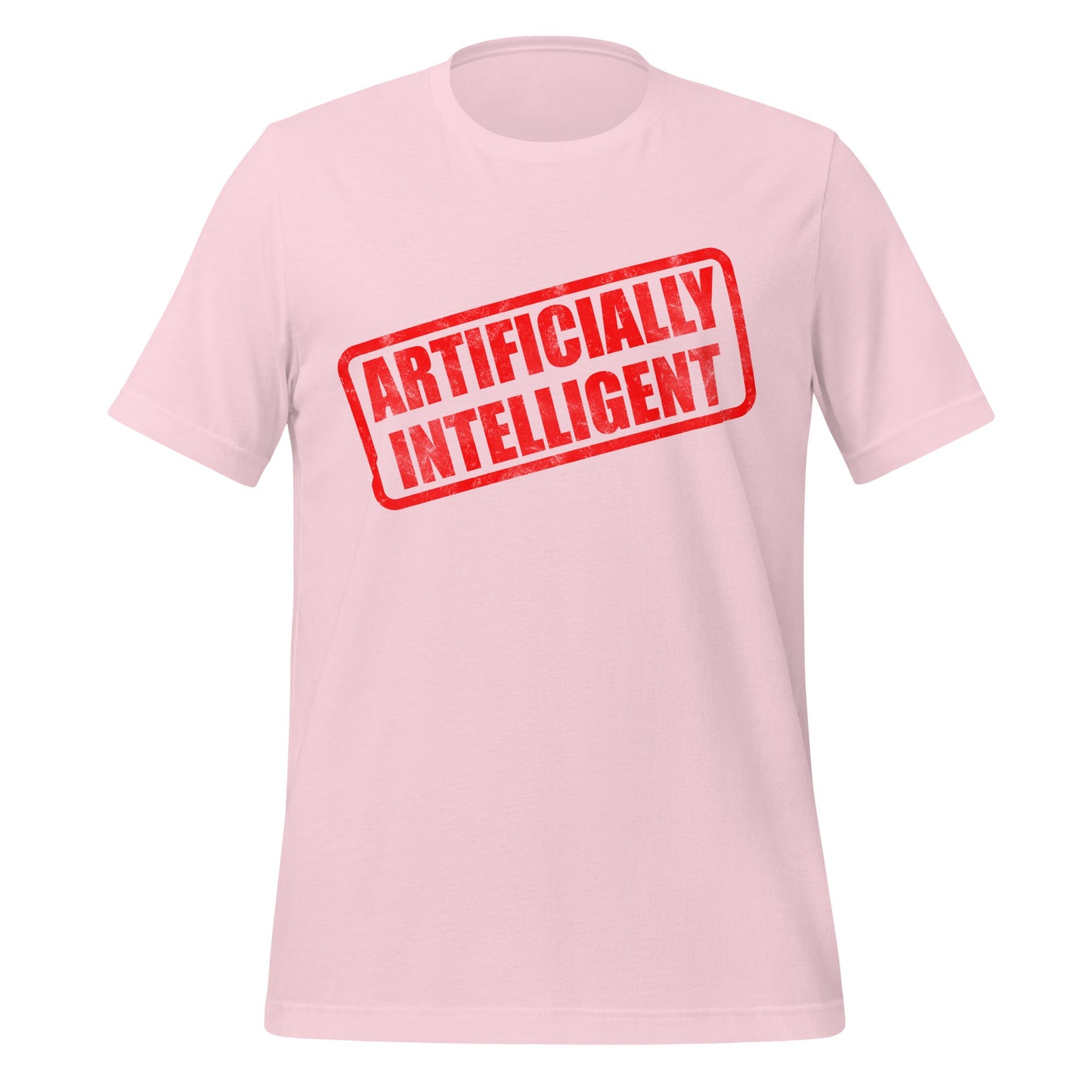 Product mockup photo of the Artificially Intelligent Stamp T Shirt (unisex) Soft Pink / M.