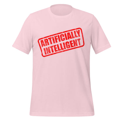 Product mockup photo of the Artificially Intelligent Stamp T Shirt (unisex) Soft Pink / M.