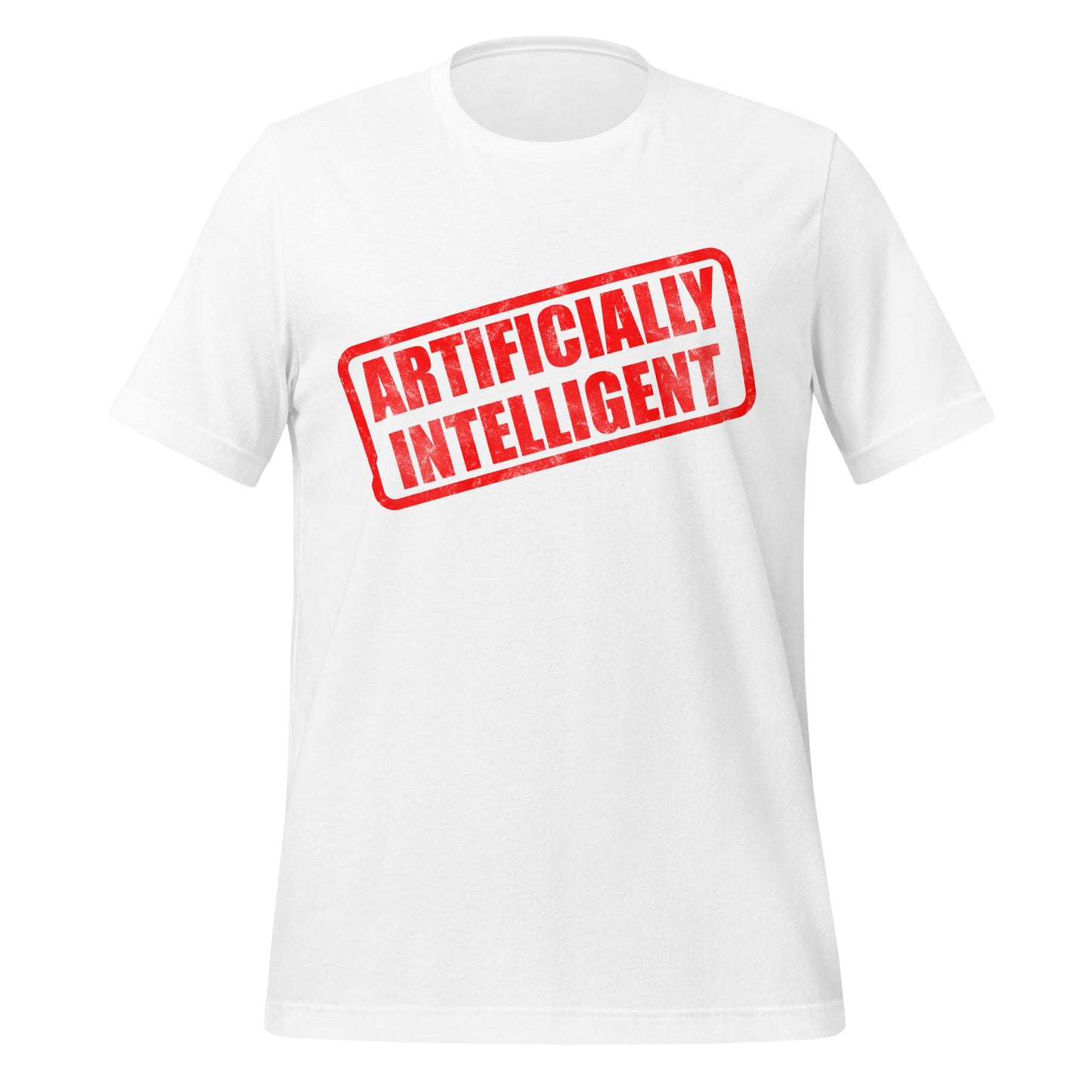 Product mockup photo of the Artificially Intelligent Stamp T Shirt (unisex) White / M.