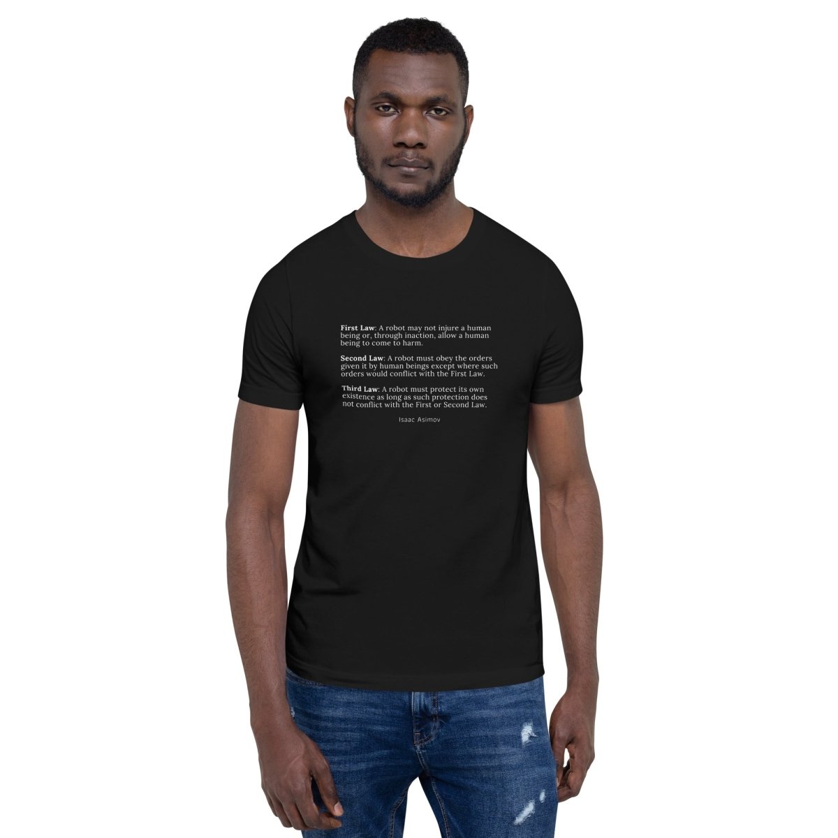 Product mockup photo of the Asimov’s Three Laws of Robotics T Shirt (unisex).