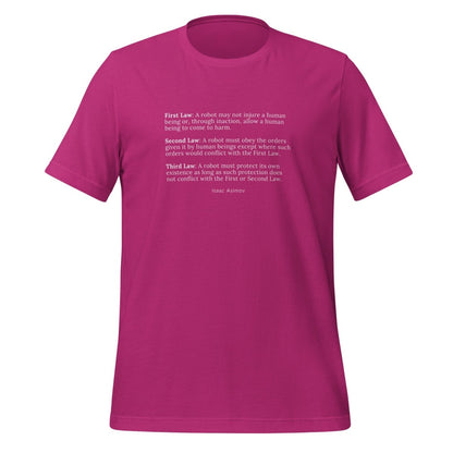 Product mockup photo of the Asimov’s Three Laws of Robotics T Shirt (unisex) Berry / M.
