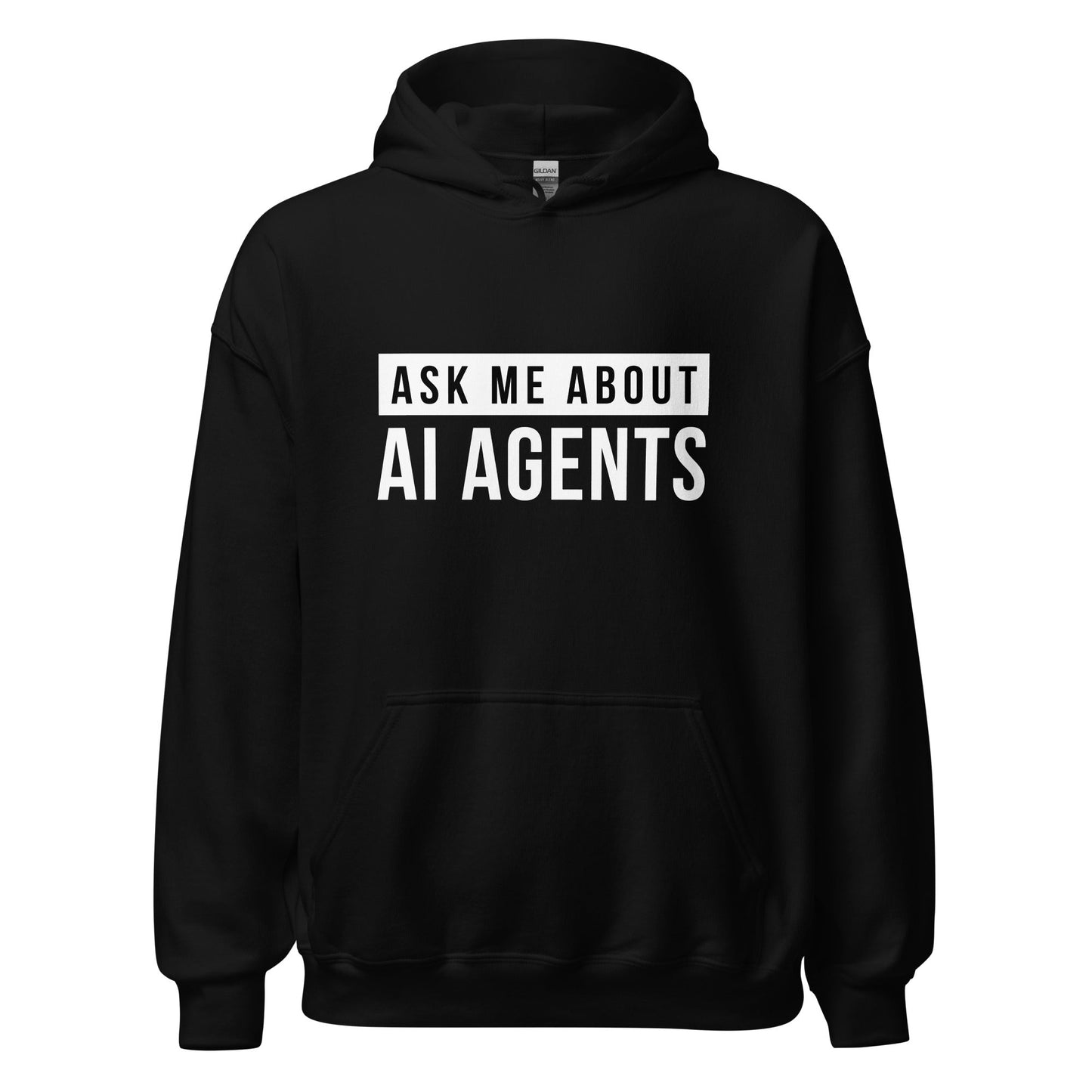 Product mockup photo of the Ask Me About AI Agents Hoodie (unisex) Black / M.