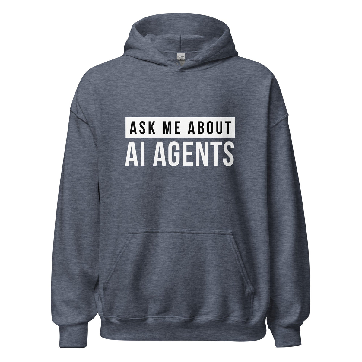 Product mockup photo of the Ask Me About AI Agents Hoodie (unisex) Heather Sport Dark Navy / M.