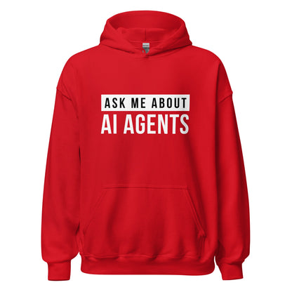 Product mockup photo of the Ask Me About AI Agents Hoodie (unisex) Red / M.