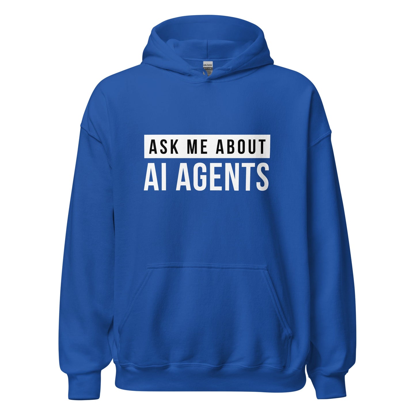 Product mockup photo of the Ask Me About AI Agents Hoodie (unisex) Royal / M.