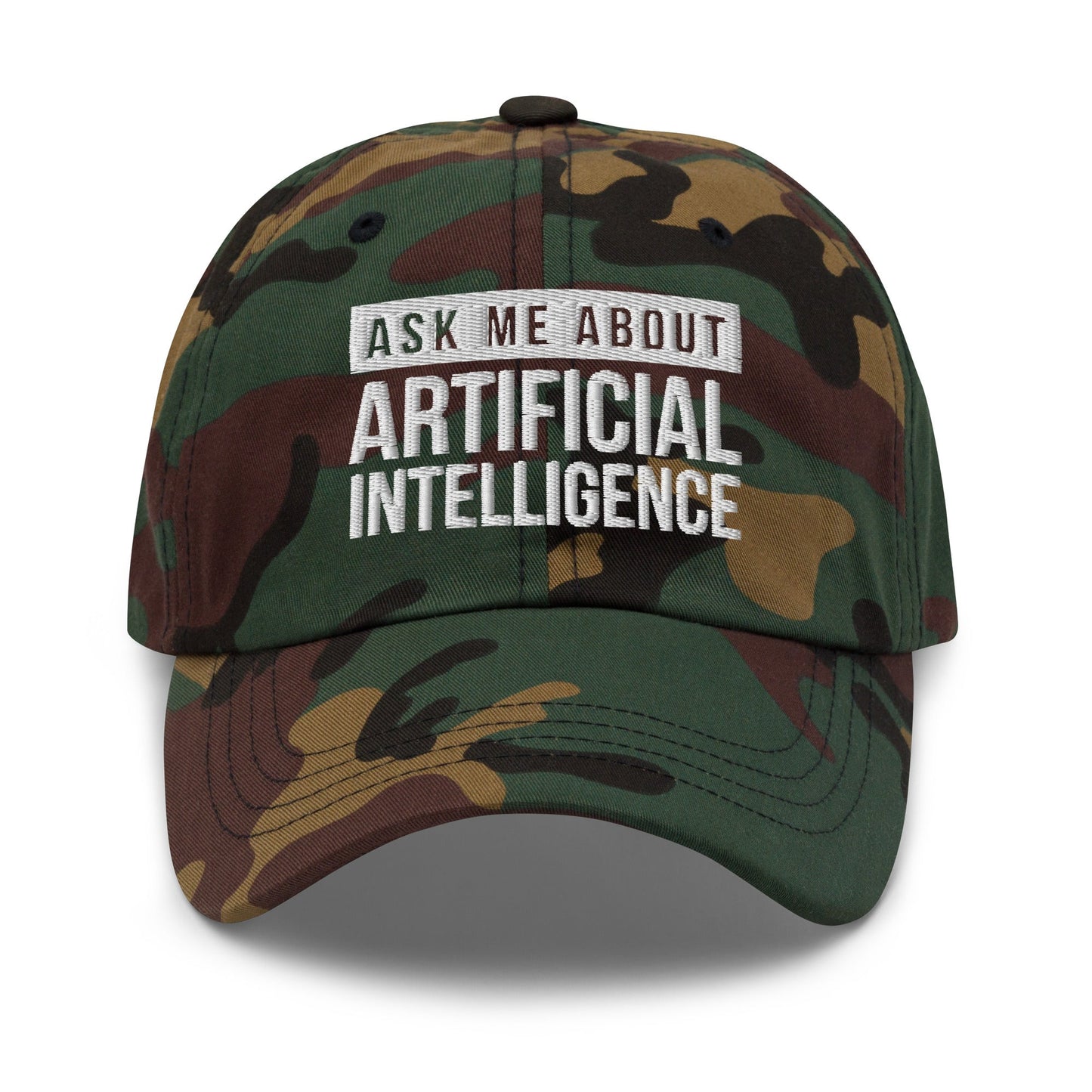 Image of the Ask Me About Artificial Intelligence Cap Green Camo.