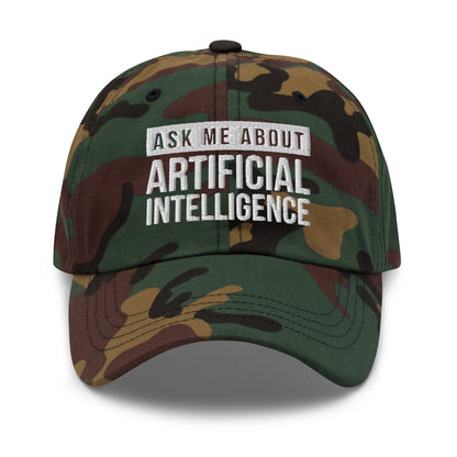 Image of the Ask Me About Artificial Intelligence Cap Green Camo.