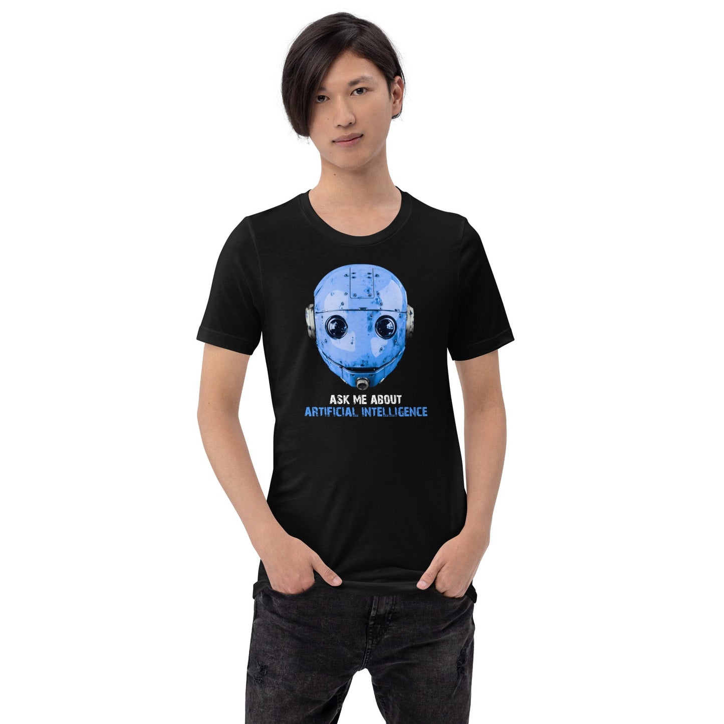 Product mockup photo of the Ask Me About Artificial Intelligence T Shirt 2 (unisex).