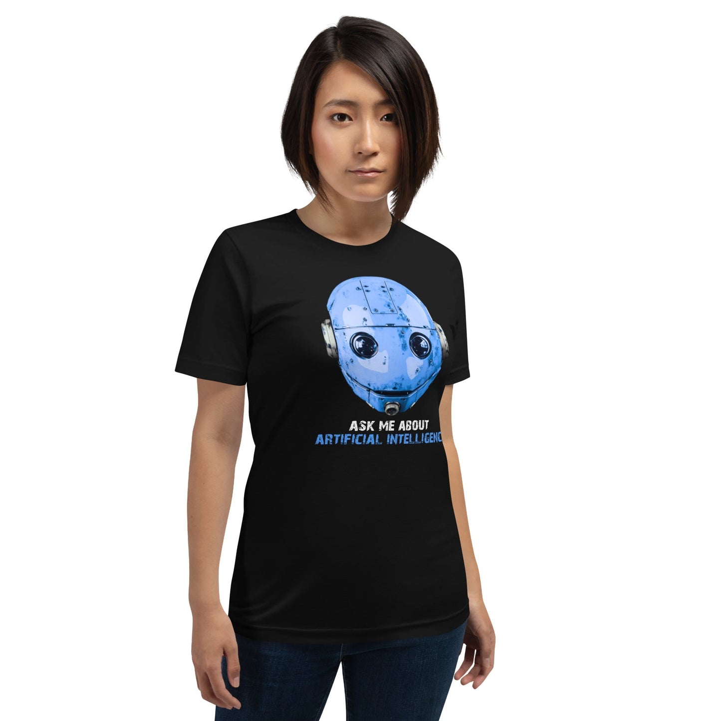Product mockup photo of the Ask Me About Artificial Intelligence T Shirt 2 (unisex).