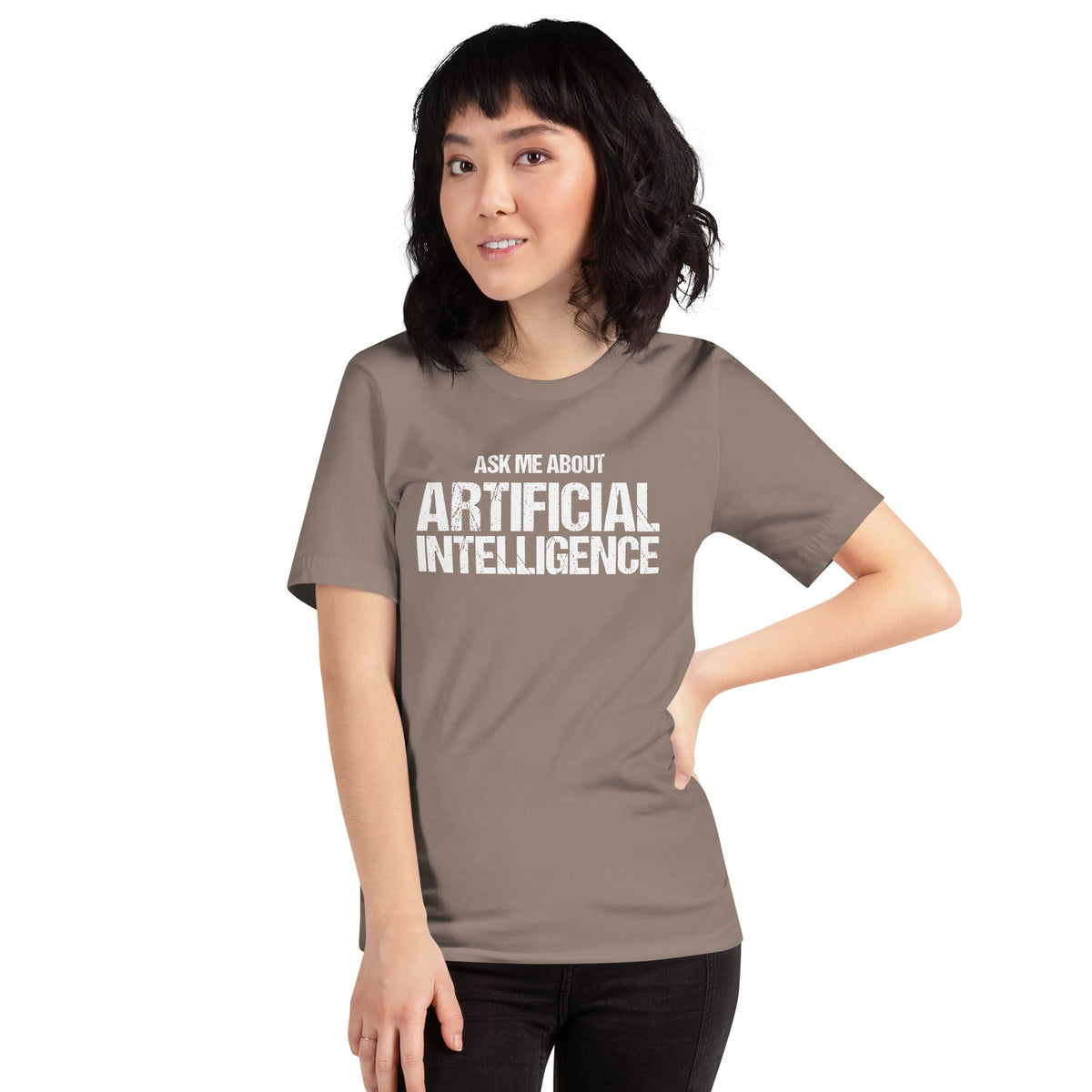 Mockup image of the Ask Me About Artificial Intelligence T-Shirt (unisex).