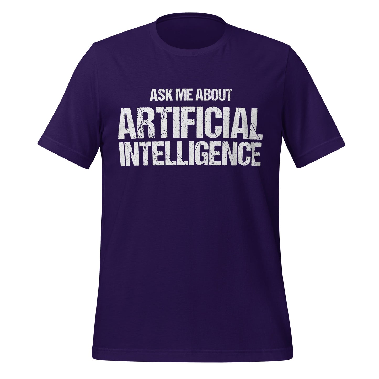 Mockup image of the Ask Me About Artificial Intelligence T-Shirt (unisex) Team Purple / M.
