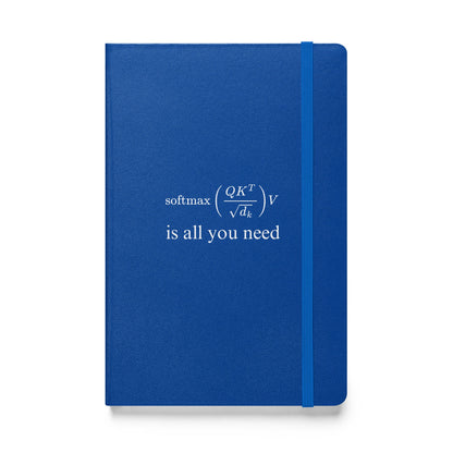 Product mockup photo of the Attention is All You Need Hardcover Bound Notebook Blue.