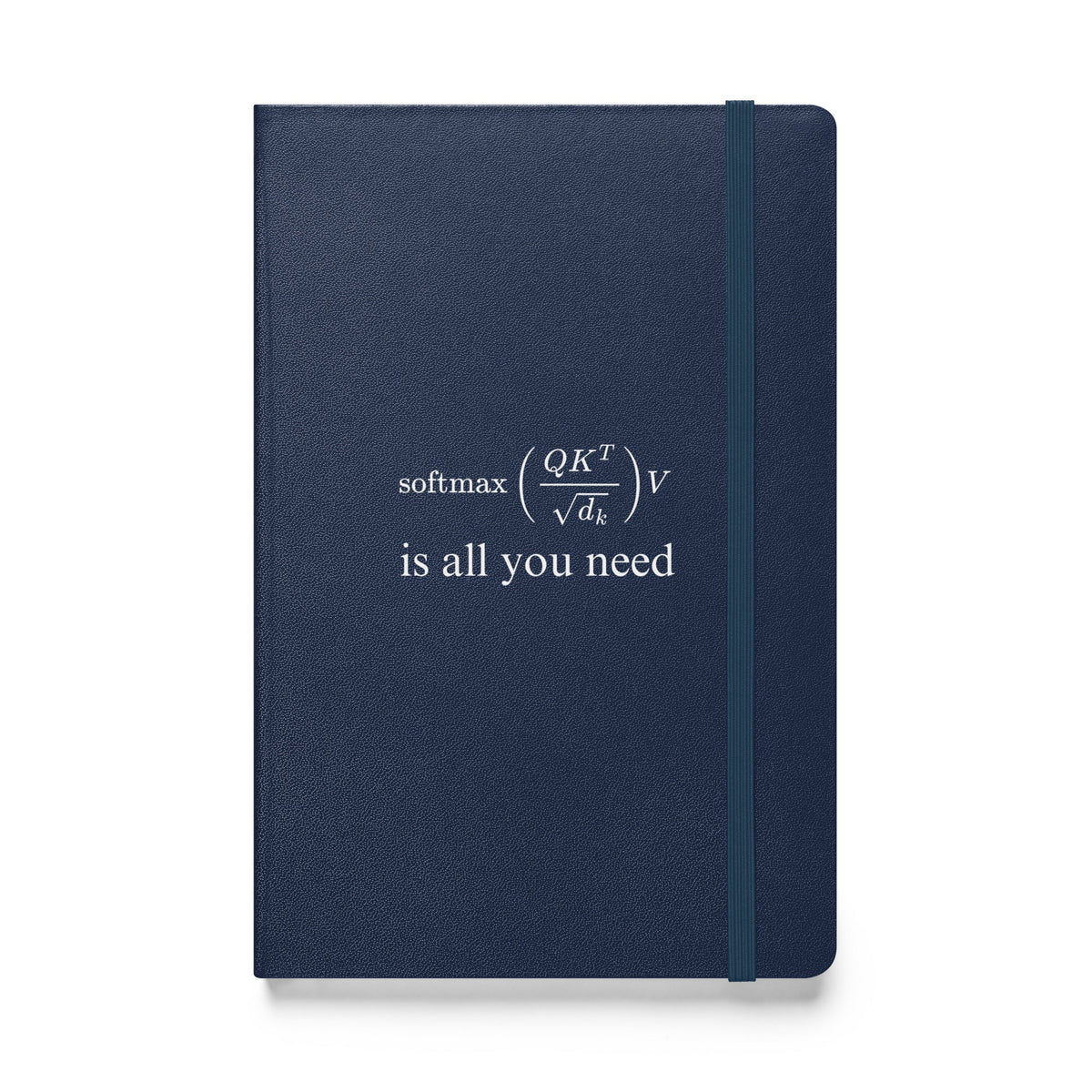 Product mockup photo of the Attention is All You Need Hardcover Bound Notebook Navy.