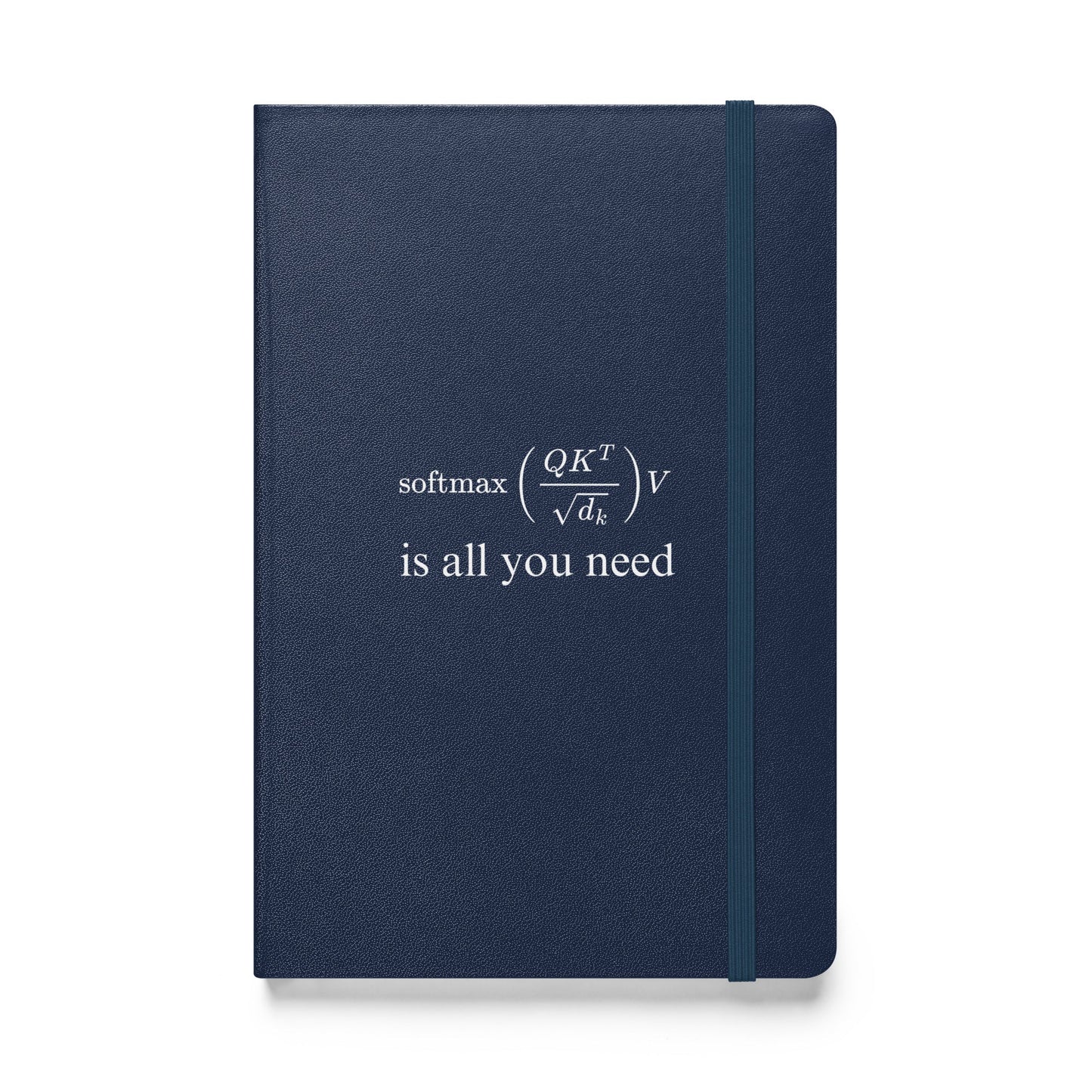Product mockup photo of the Attention is All You Need Hardcover Bound Notebook Navy.