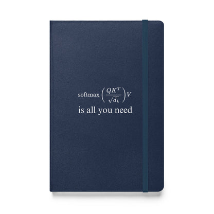 Product mockup photo of the Attention is All You Need Hardcover Bound Notebook Navy.
