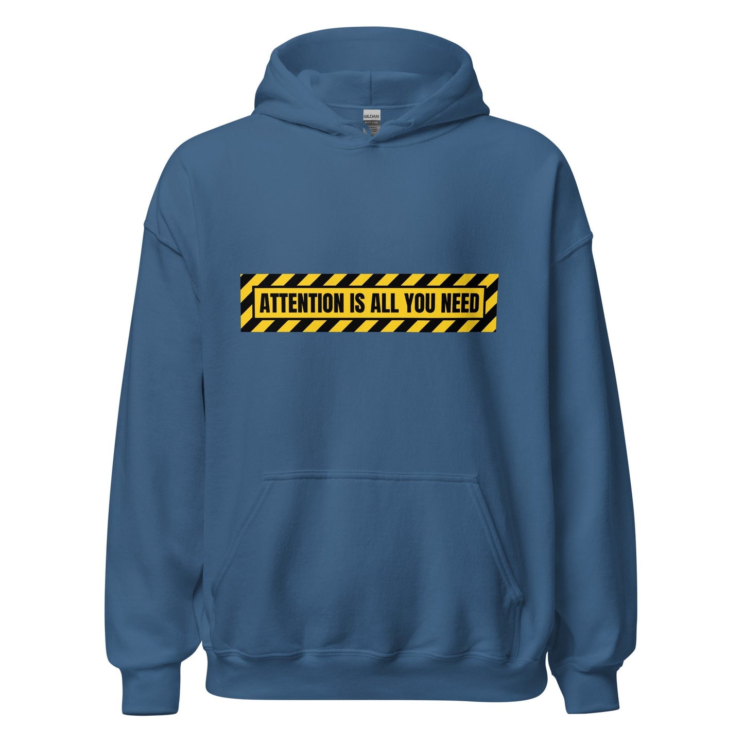 Image of the ATTENTION IS ALL YOU NEED Warning Hoodie (unisex) Indigo Blue / M.