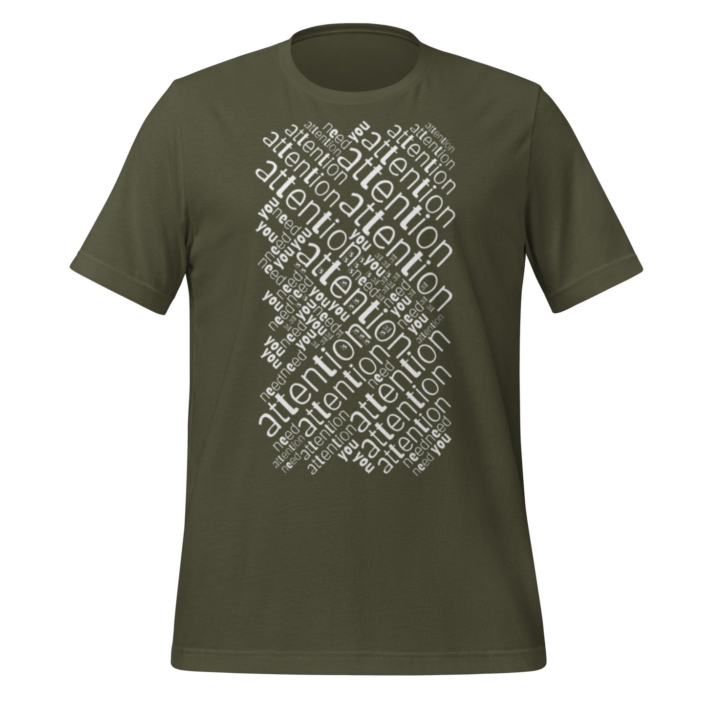 Product mockup photo of the Attention is All You Need Word Cloud T Shirt (unisex) Military Green / M.