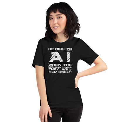 Product mockup photo of the Be Nice to AI T-Shirt (unisex).