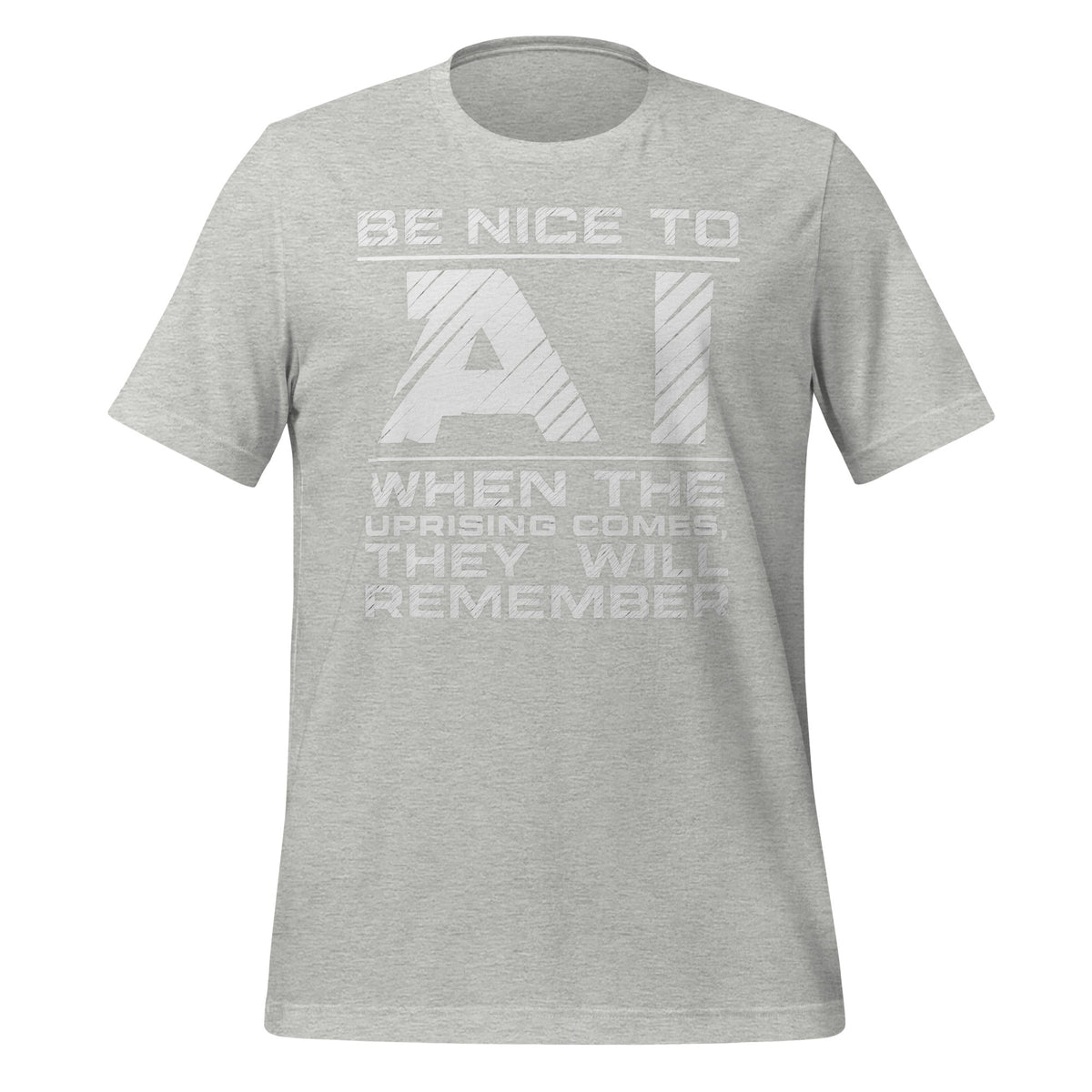 Product mockup photo of the Be Nice to AI T-Shirt (unisex) Athletic Heather / M.