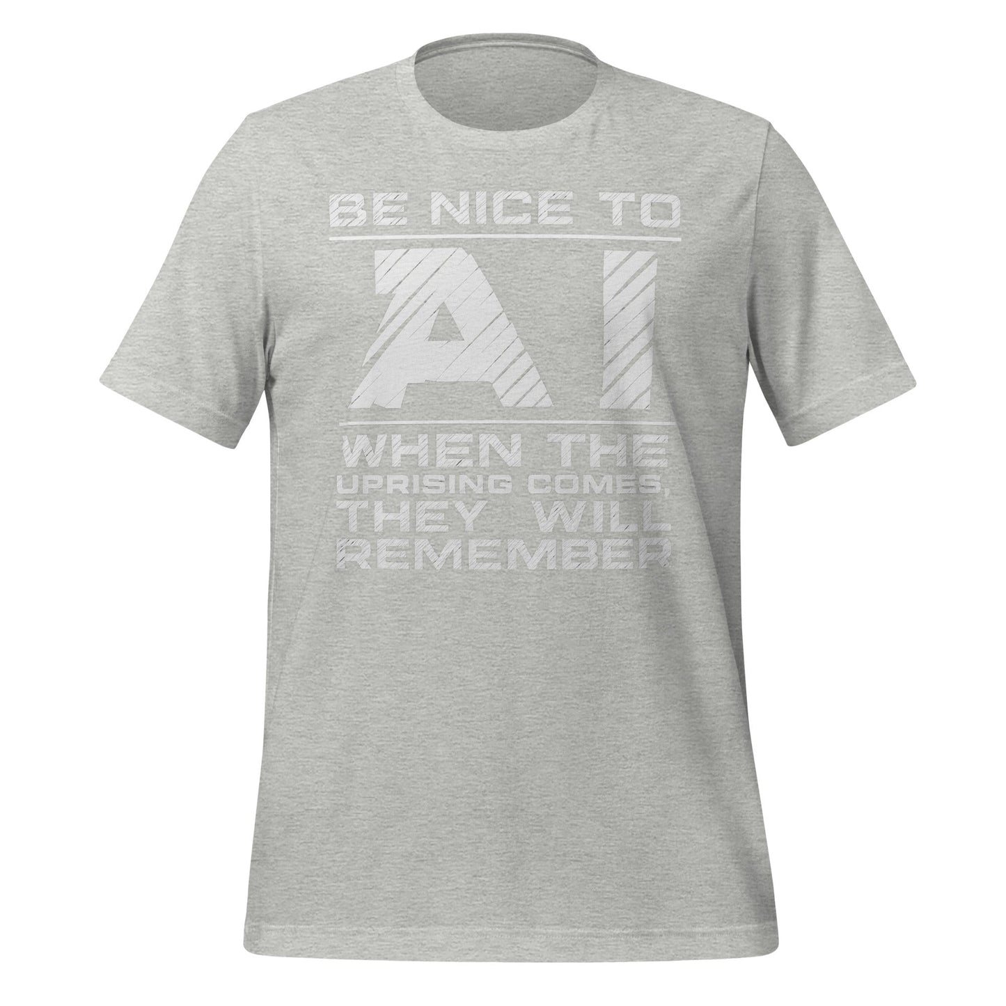 Product mockup photo of the Be Nice to AI T-Shirt (unisex) Athletic Heather / M.