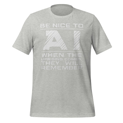 Product mockup photo of the Be Nice to AI T-Shirt (unisex) Athletic Heather / M.