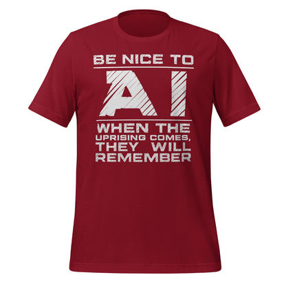 Product mockup photo of the Be Nice to AI T-Shirt (unisex) Cardinal / M.
