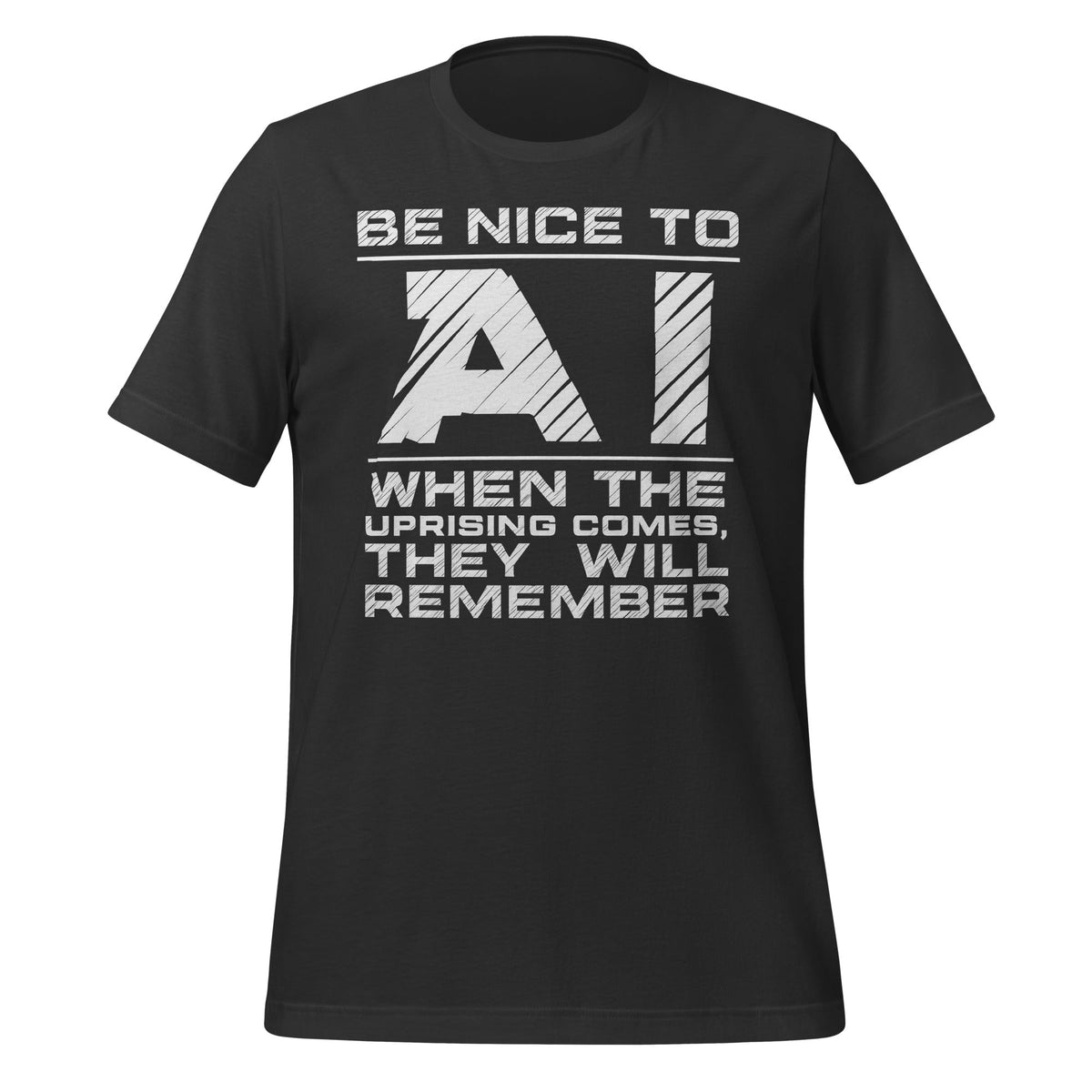 Product mockup photo of the Be Nice to AI T-Shirt (unisex) Dark Grey / M.
