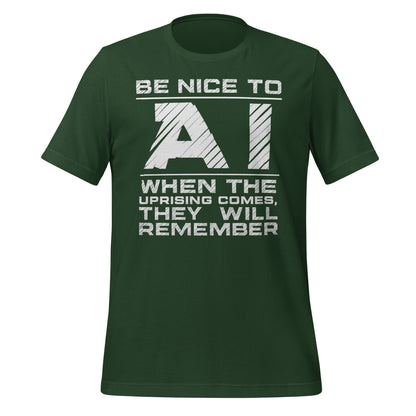 Product mockup photo of the Be Nice to AI T-Shirt (unisex) Forest / M.
