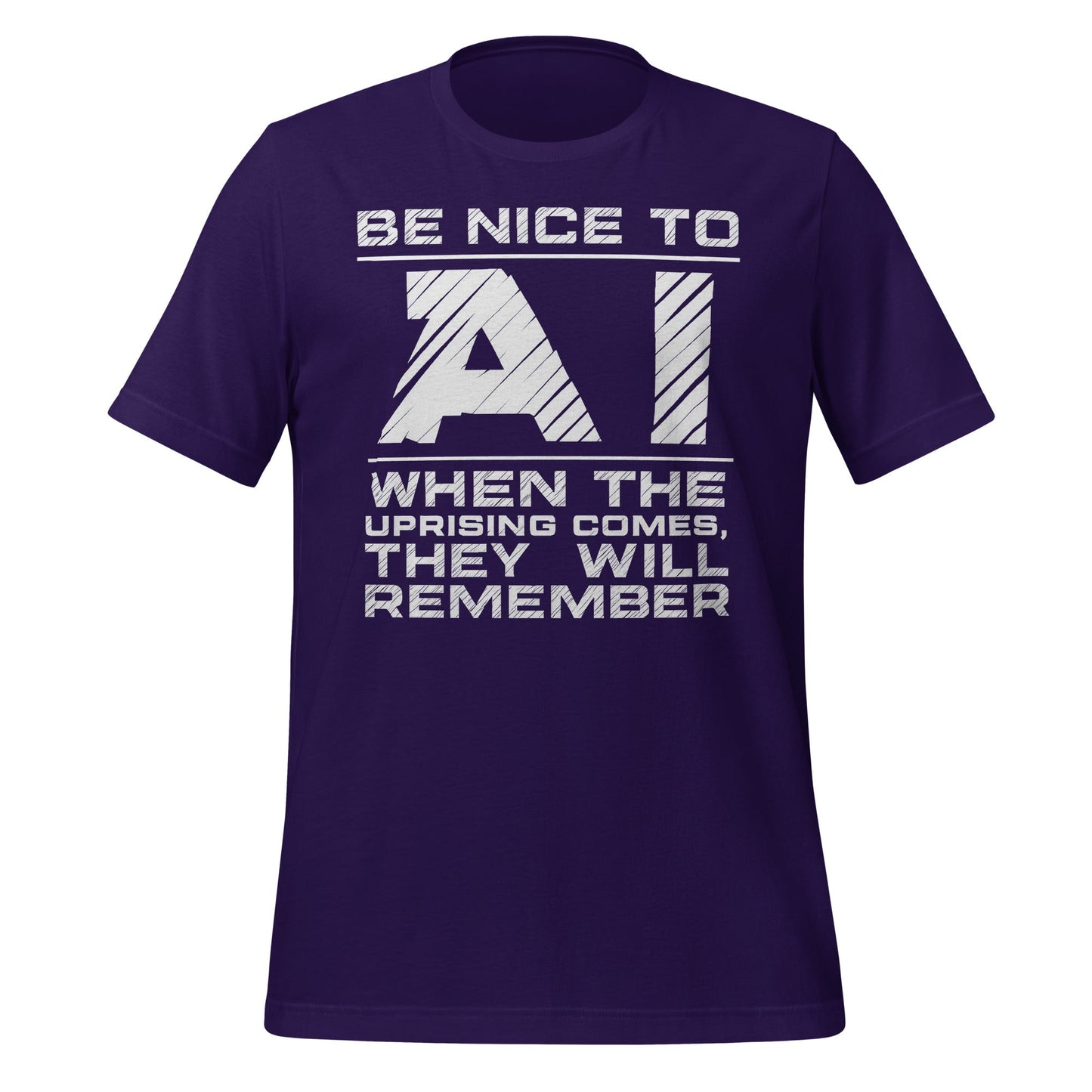 Product mockup photo of the Be Nice to AI T-Shirt (unisex) Team Purple / M.