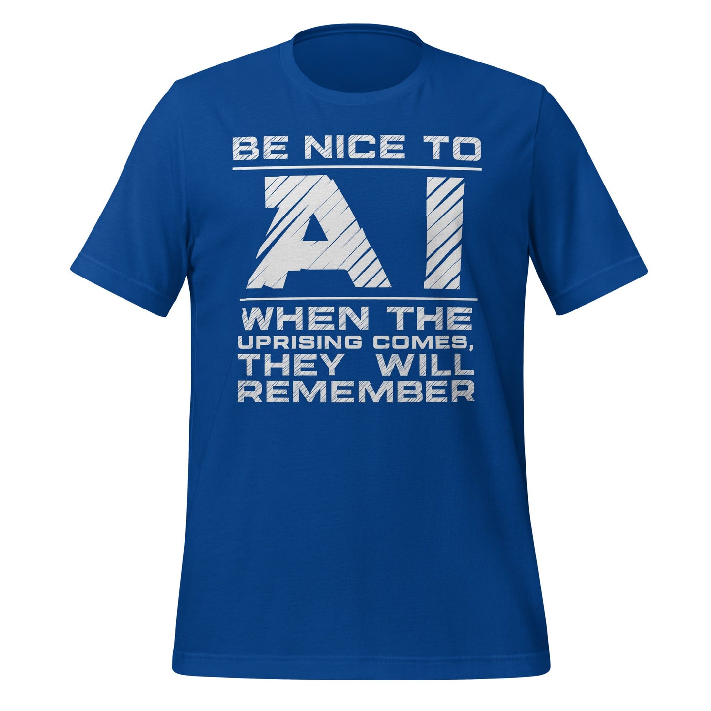 Product mockup photo of the Be Nice to AI T-Shirt (unisex) True Royal / M.