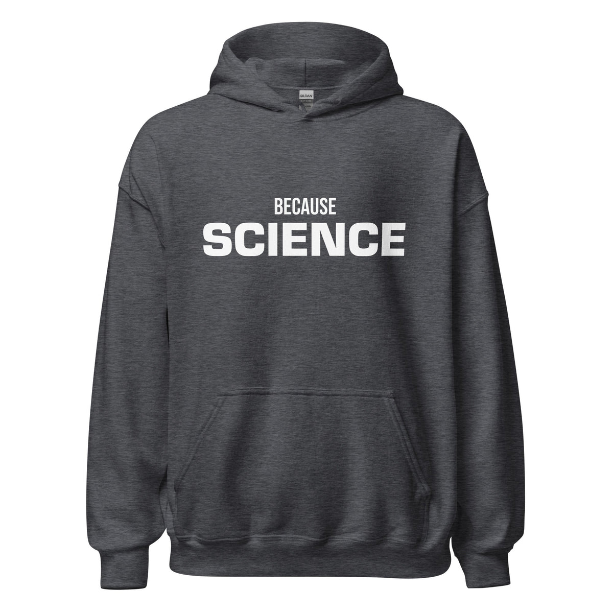 Product mockup photo of the BECAUSE SCIENCE Hoodie (unisex) Dark Heather / M.