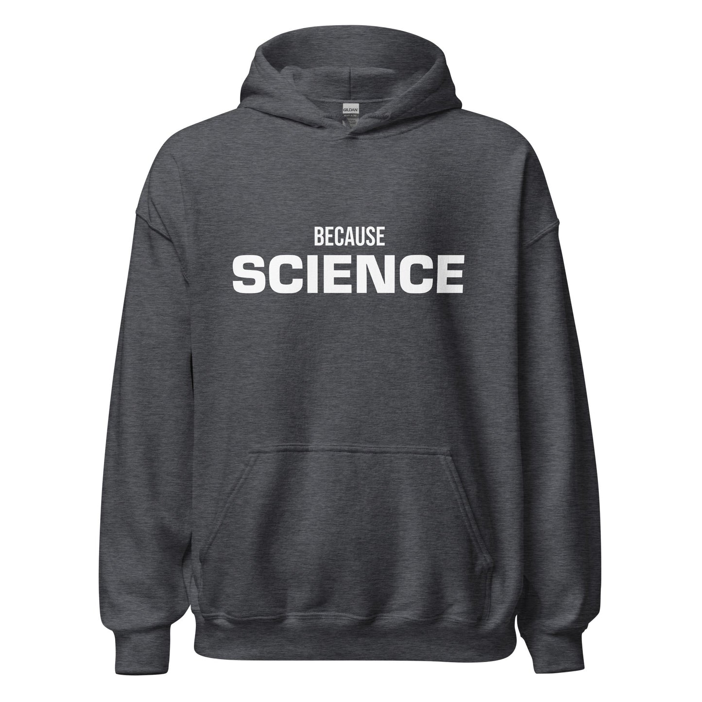 Product mockup photo of the BECAUSE SCIENCE Hoodie (unisex) Dark Heather / M.