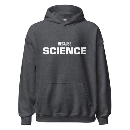 Product mockup photo of the BECAUSE SCIENCE Hoodie (unisex) Dark Heather / M.