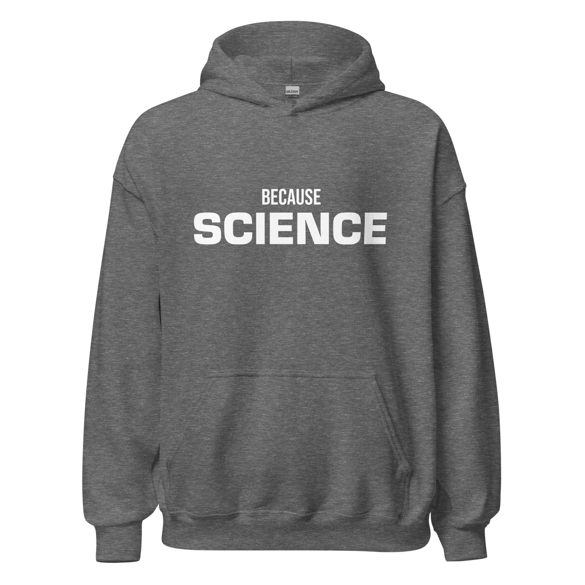 Product mockup photo of the BECAUSE SCIENCE Hoodie (unisex) Graphite Heather / M.