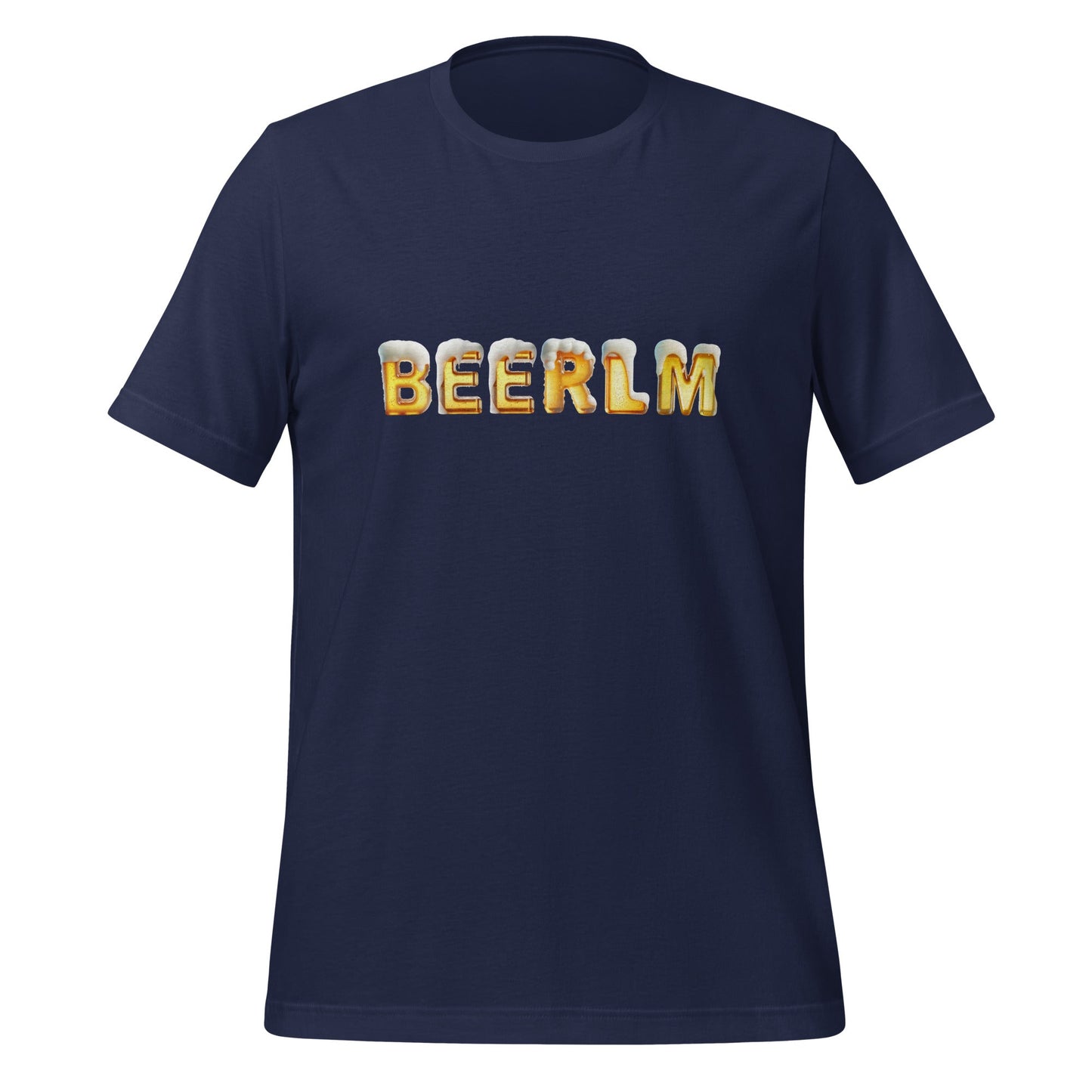 Product mockup photo of the BeerLM Beer Language Model T Shirt (unisex) Navy / M.