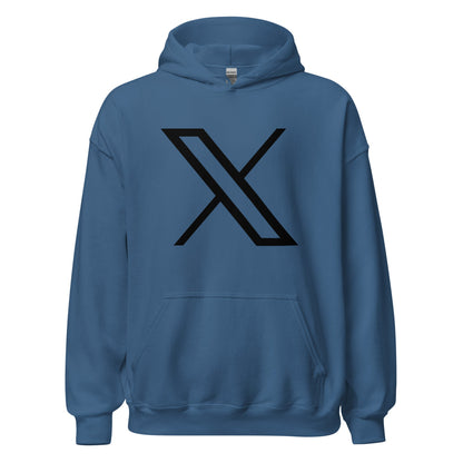 Product mockup photo of the Black Twitter X Logo Hoodie (unisex) Indigo Blue / M.