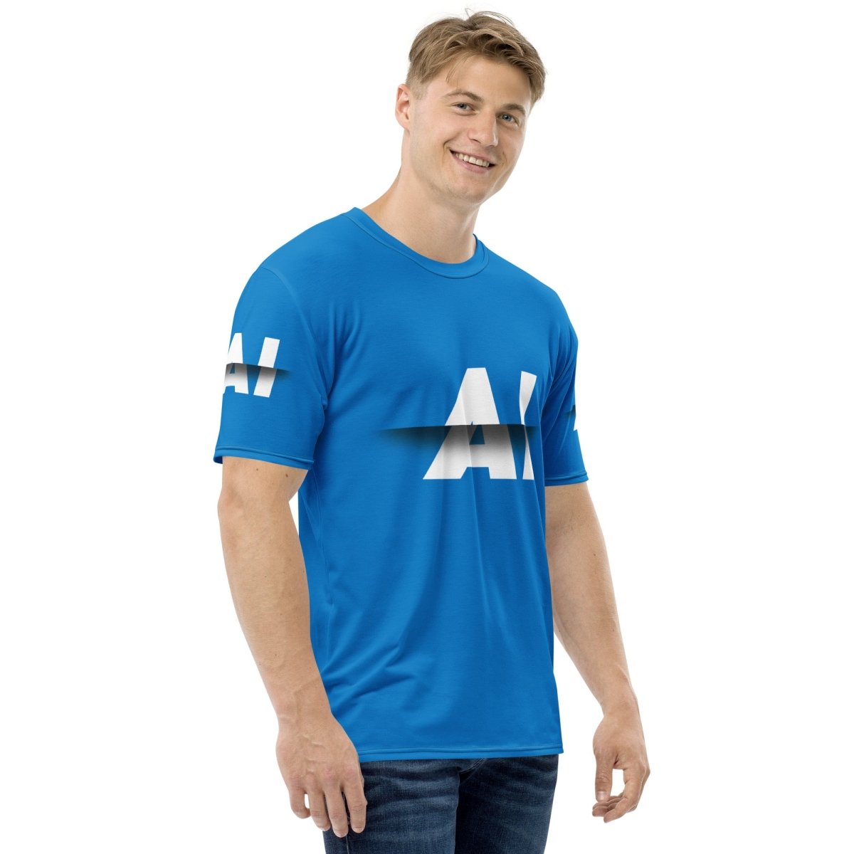 Product mockup photo of the Blue AI Slice T Shirt (men).