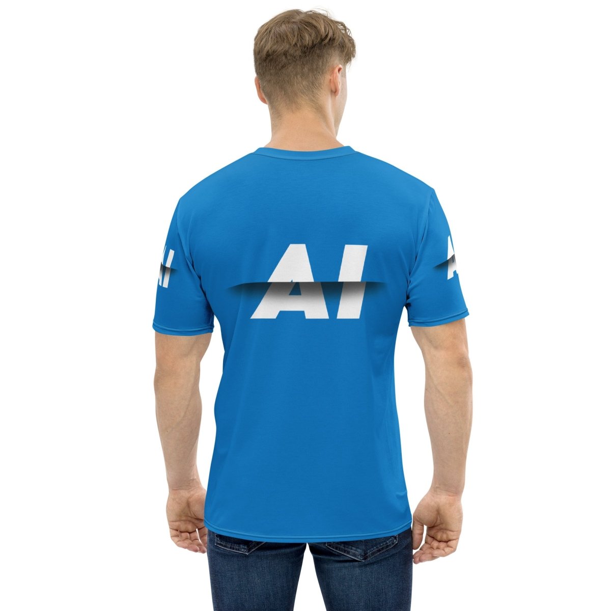 Product mockup photo of the Blue AI Slice T Shirt (men).