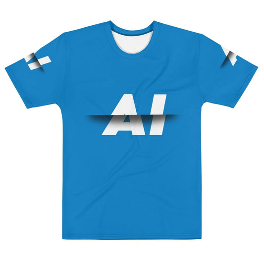 Product mockup photo of the Blue AI Slice T Shirt (men) M.