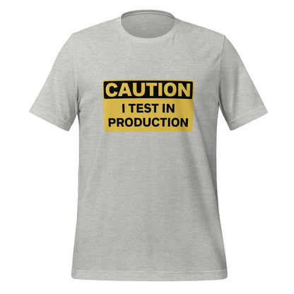 Product mockup photo of the CAUTION I Test in Production T Shirt (unisex) Athletic Heather / M.
