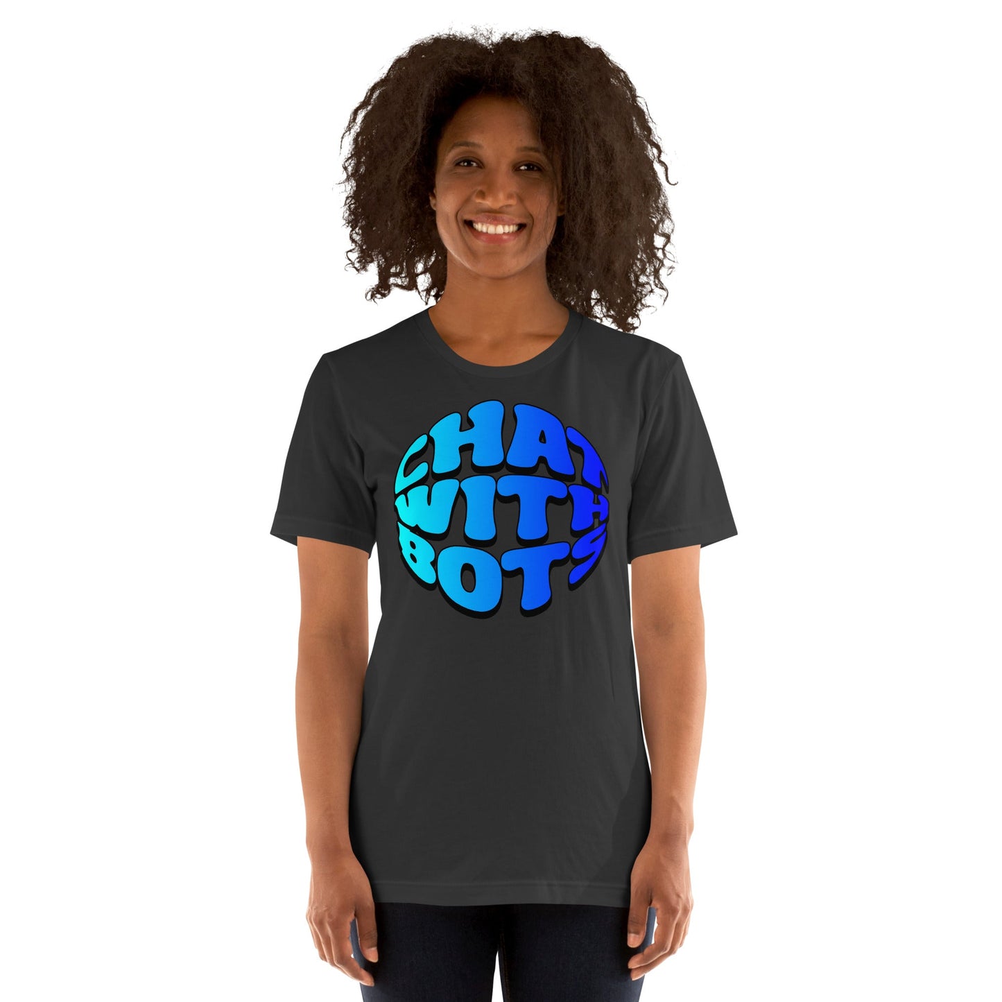 Product mockup photo of the Chat With Bots T Shirt (unisex).
