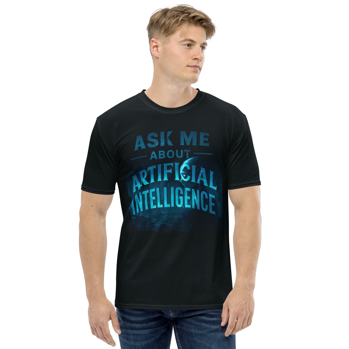 Image of the ChatGPT 4o Designed Ask Me About AI T-Shirt 3 (men).