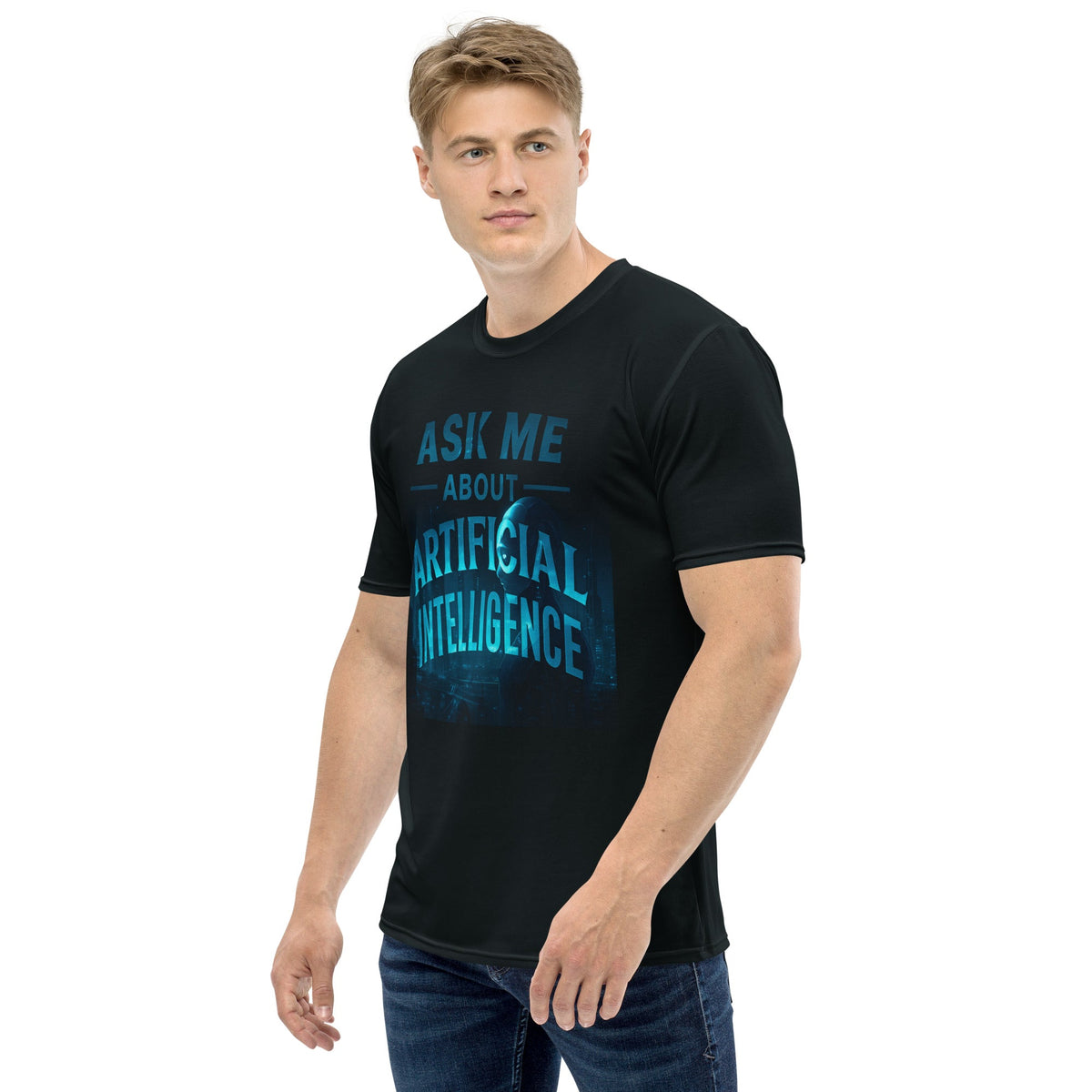 Image of the ChatGPT 4o Designed Ask Me About AI T-Shirt 3 (men).